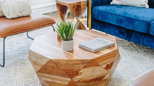 A round wooden coffee table with a geometric pattern, a potted plant, and a book titled "The Interior Design Handbook" by Frida Ranstedt. - Comfortable and Trendy Design 1BR in Lincoln Square (Chicago)