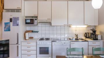 Fridge, microwave, dishwasher, cookware/dishes/utensils