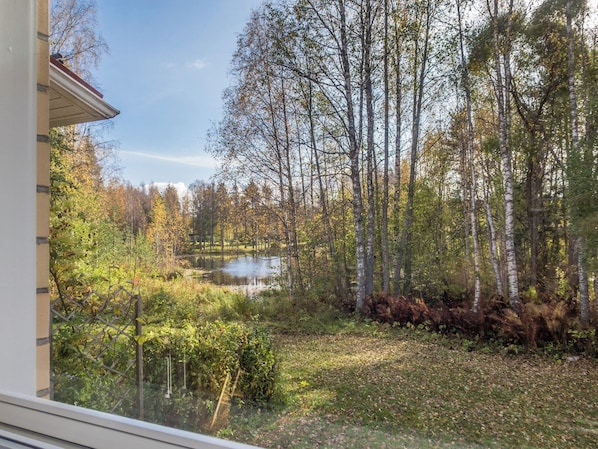 Ein Blick auf eine bewaldete Gegend mit Teich, Bäumen und einem Gebäude im Vordergrund.