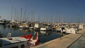 A marina with numerous sailboats docked.