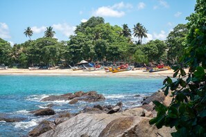 Une plage avec des bateaux, des palmiers et des rivages rocheux.