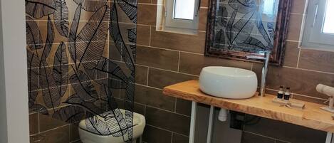 A bathroom with a toilet, sink, and mirror.
