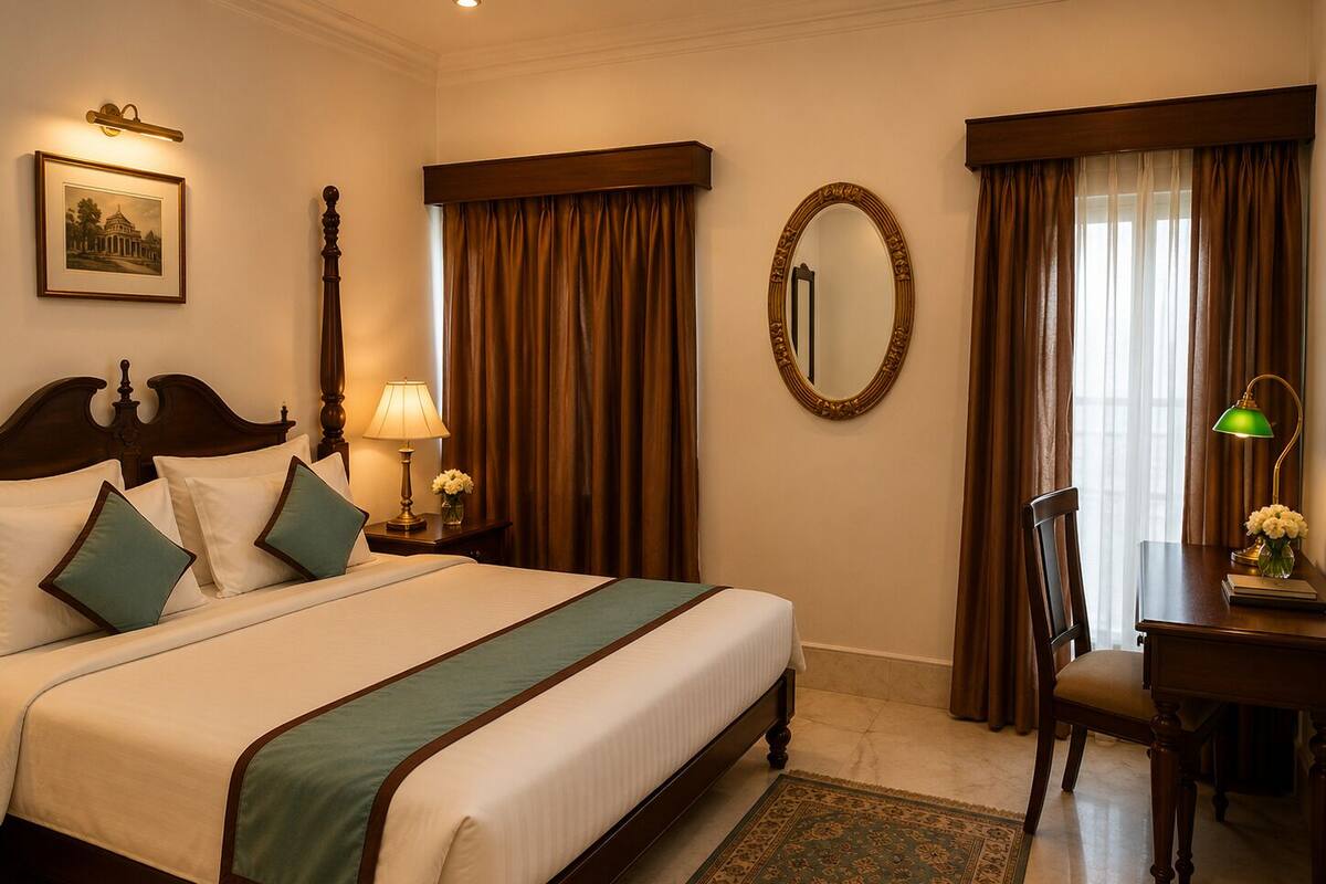 A hotel room with a large bed, a desk, a chair, a lamp, a mirror, curtains, and a framed picture on the wall.