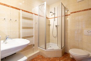 Ein Badezimmer mit einer Duschkabine, einem weißen Waschbecken und einer Toilette.