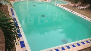Une piscine rectangulaire dont les bords sont recouverts de carreaux bleus et blancs, entourée de chaises longues et de plantes en pot.