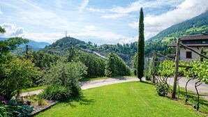 A lush green landscape with a clear sky, a tall tree, and a building with a sloped roof. - Apartment 'Stettnerhof Penegal' with Mountain View, Terrace, Shared Garden & Wi-Fi (Völlan/Lana)