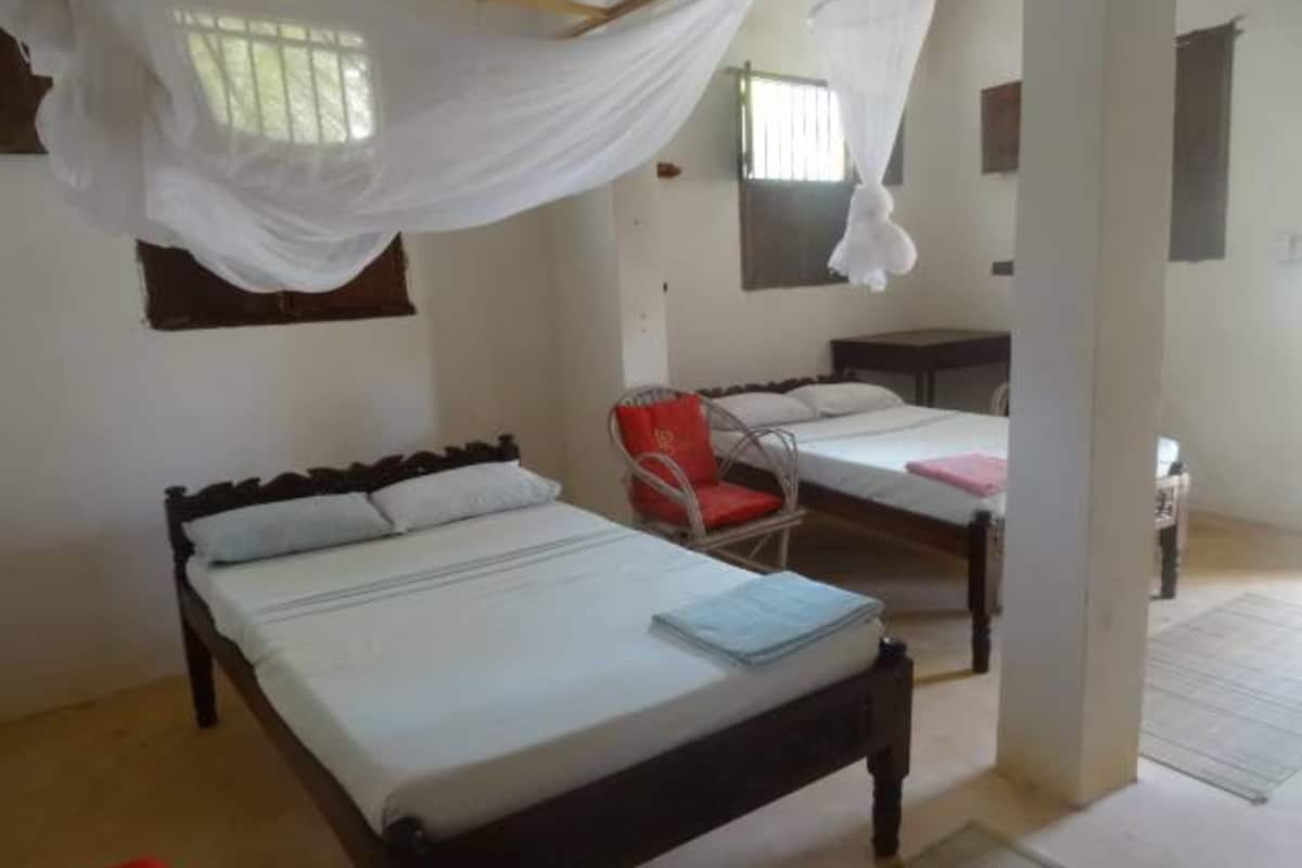 A room with a large bed, a smaller bed, a chair, and a hanging mosquito net.