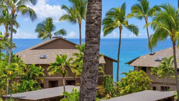 A resort with multiple bungalow-style buildings, palm trees, and a view of the ocean.