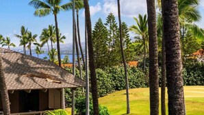 A tropical resort with palm trees, a thatched-roof building, and a view of the ocean.