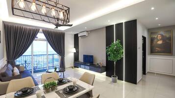 A modern living room with a dining area, a balcony with curtains, a flat-screen TV, and a painting of the Mona Lisa.