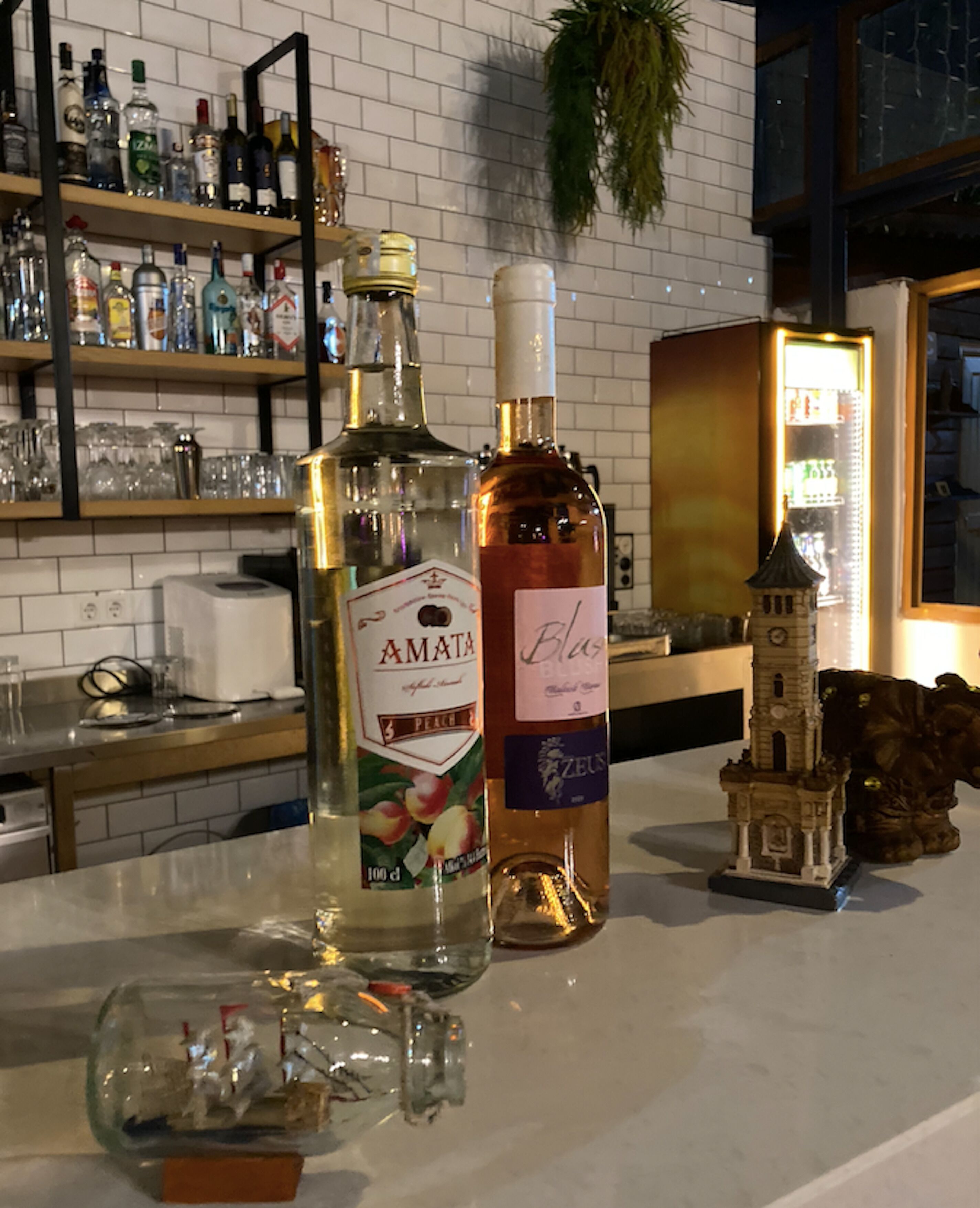 Un coin bar avec des étagères remplies de bouteilles d’alcool et de verres, une petite maquette de tour et une plante décorative.
