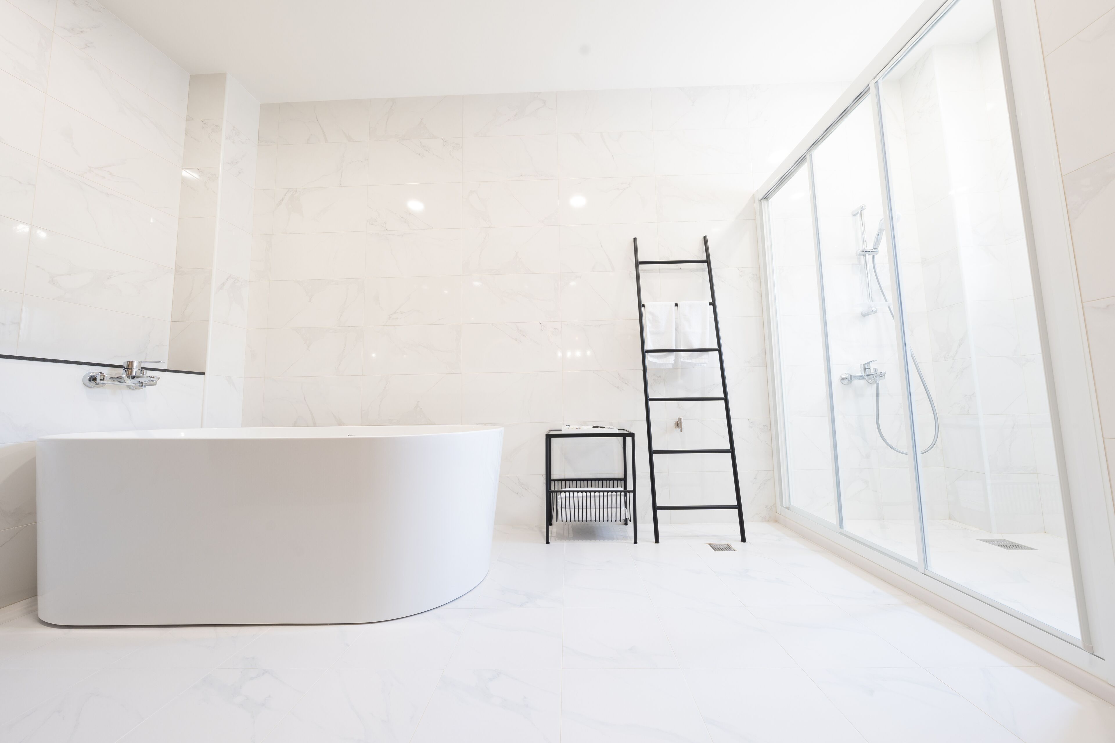 Ein modernes Badezimmer mit einer freistehenden Badewanne, einer Duschkabine aus Glas und einer kleinen, schwarzen Sprosse.