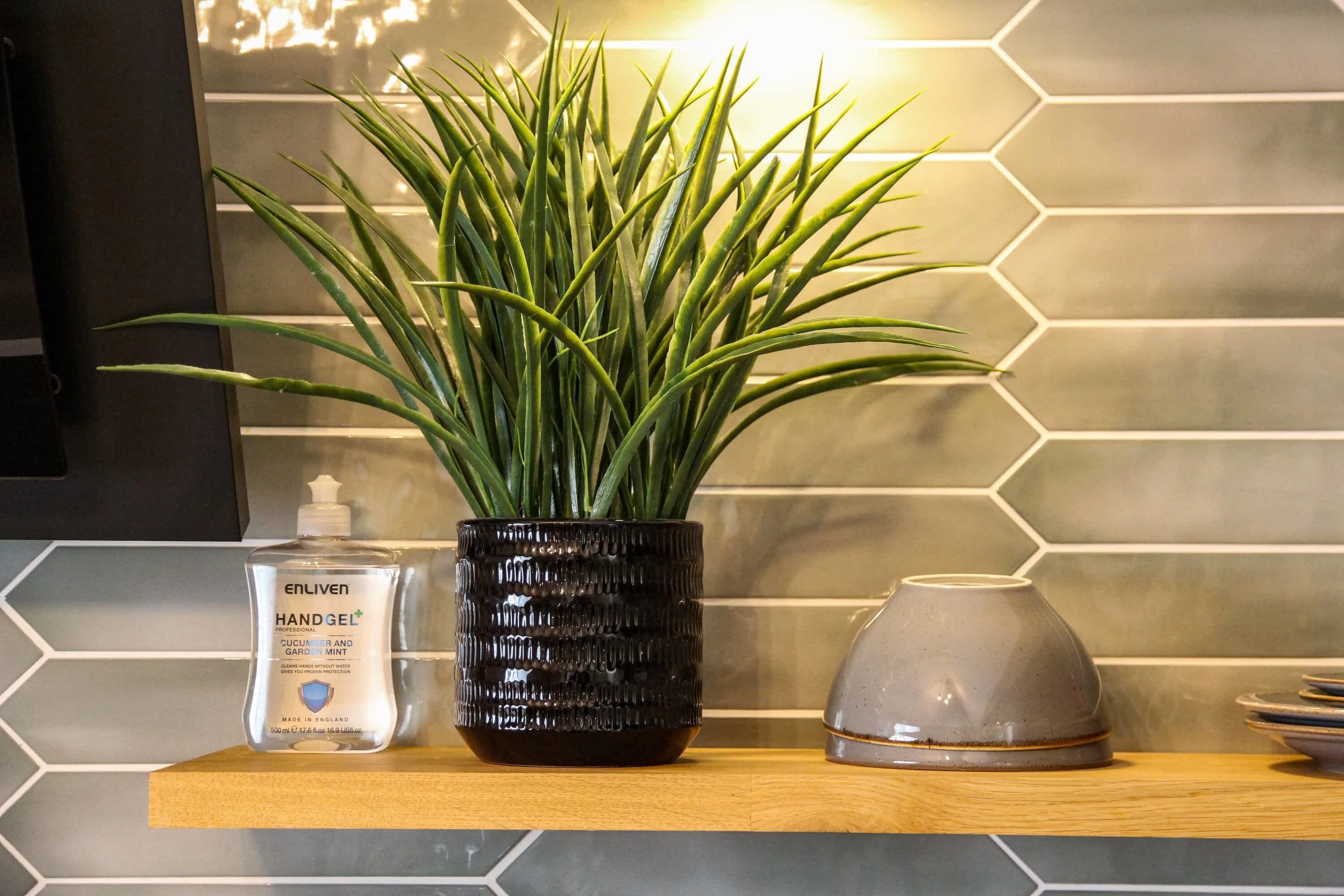 A potted plant, a hand gel bottle, and a ceramic pot on a wooden shelf.
