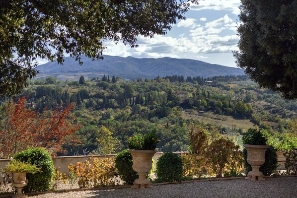 Une vue d’un paysage montagneux, avec un jardin au premier plan.