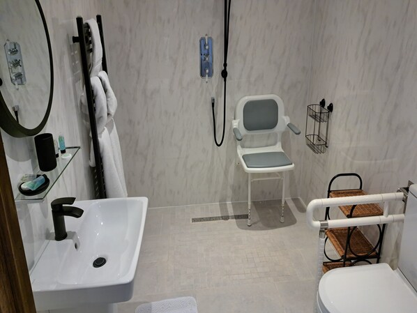 A bathroom with a white sink, a toilet, a shower chair, and a towel rack. - Swan House Tea Room Bed & Breakfast (Lydney)