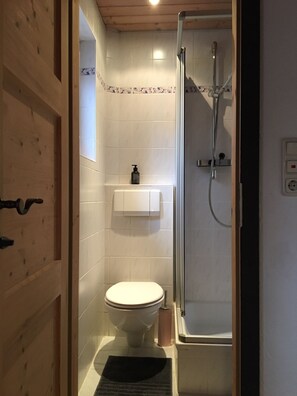 Een kleine, praktische badkamer met toilet, douche en wastafel.