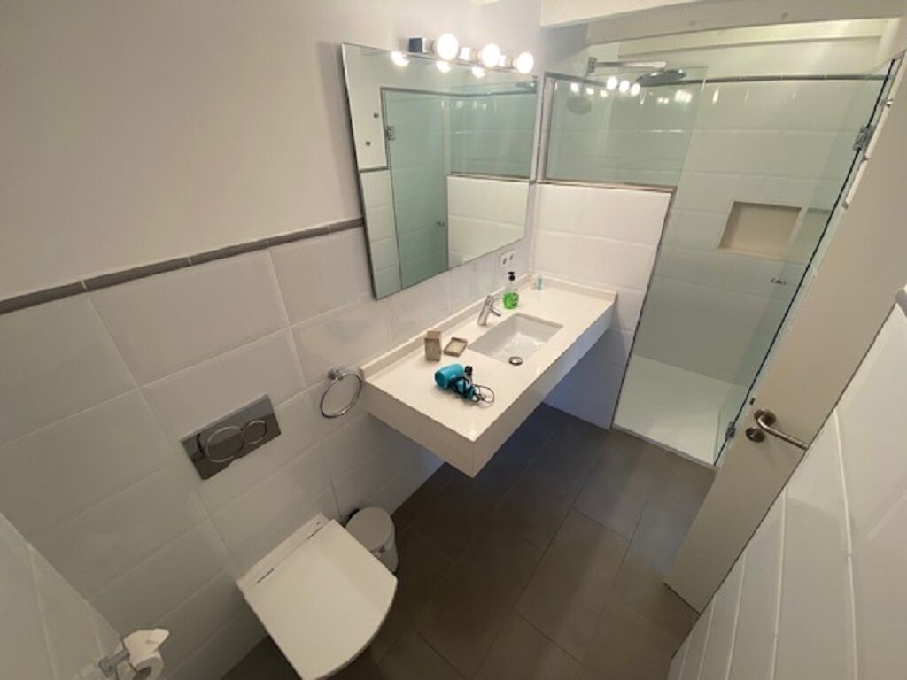 A modern bathroom with a glass shower enclosure, a white sink, and a toilet.