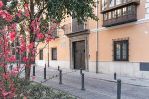 A building with a large door, a balcony, and a tree with pink flowers in front. - Palacete 1620, Apartamentos Premium-Only adults (Granada)