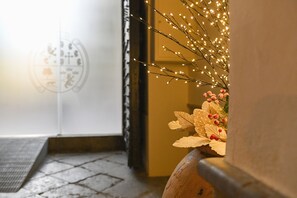 A hallway with a frosted glass door, a small potted plant with white flowers, and a string of lights. - Palacete 1620, Apartamentos Premium-Only adults (Granada)