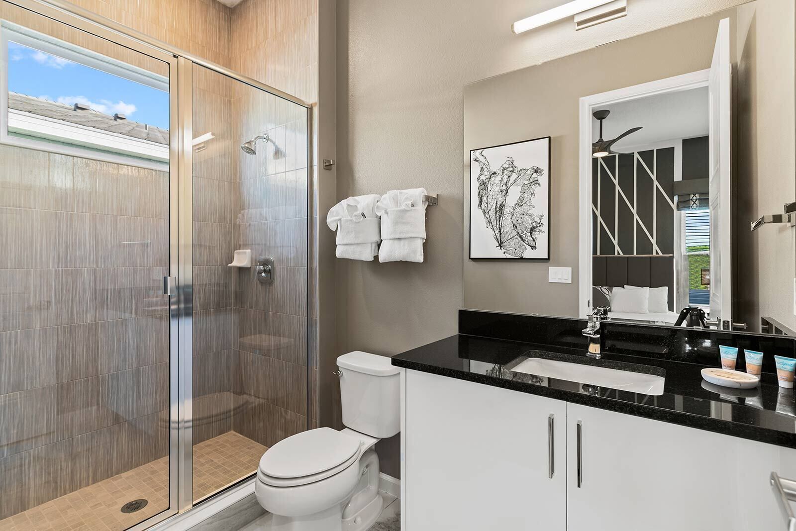 A modern bathroom with a glass shower enclosure, a toilet, a sink with a black countertop, and a mirror above the sink.