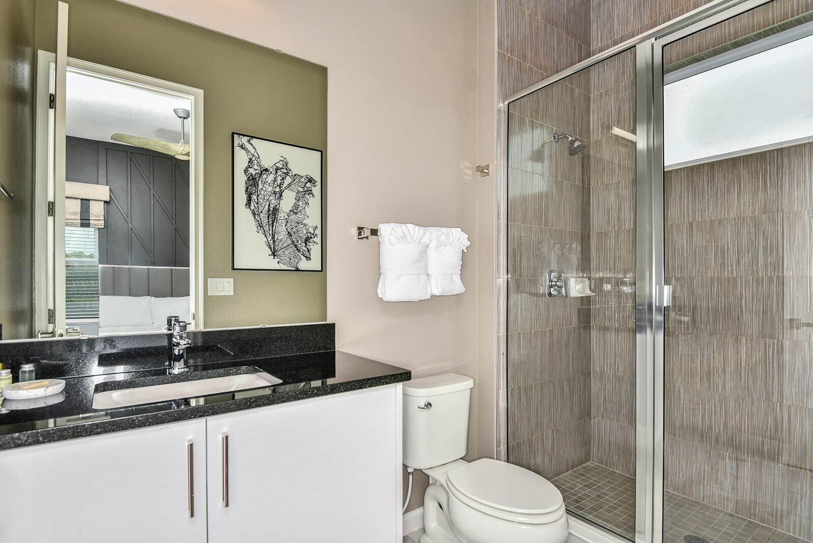 Une salle de bain moderne avec une douche à parois de verre, des toilettes blanches et un lavabo sur un plan de travail noir.