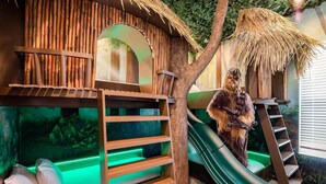A play area with a slide, climbing net, and a treehouse structure.