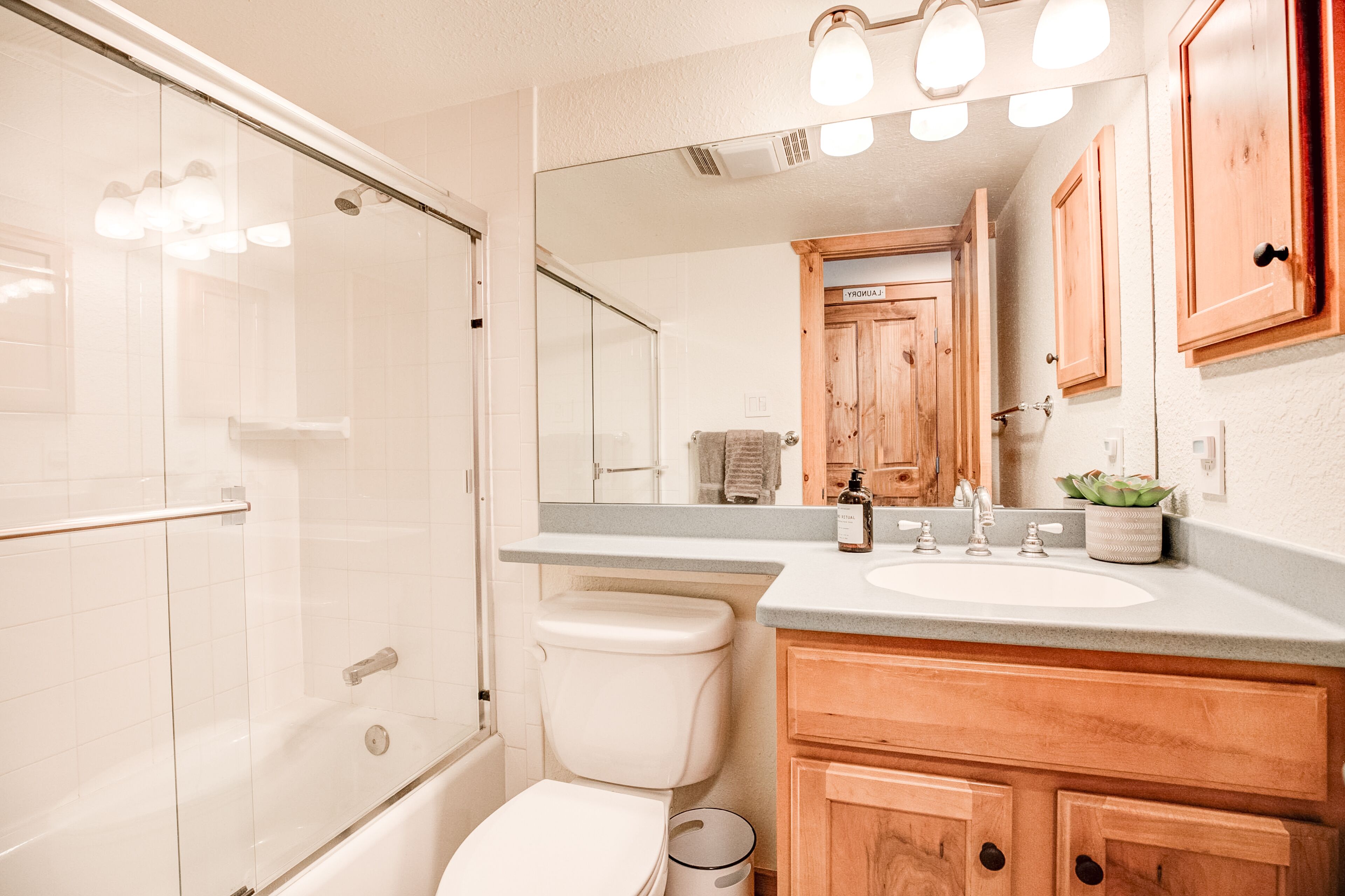 A bathroom with a glass shower enclosure, a white toilet, a sink with a wooden vanity, and a mirror above the vanity.