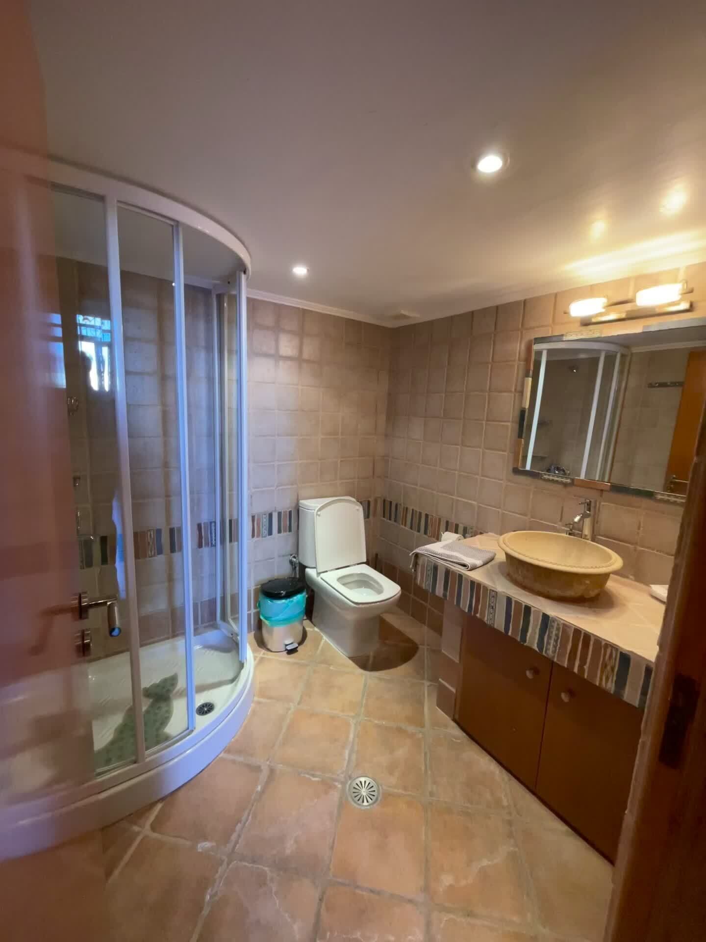Combined shower/bathtub, towels