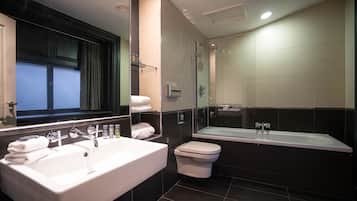 Hair dryer, bathrobes, towels, soap
