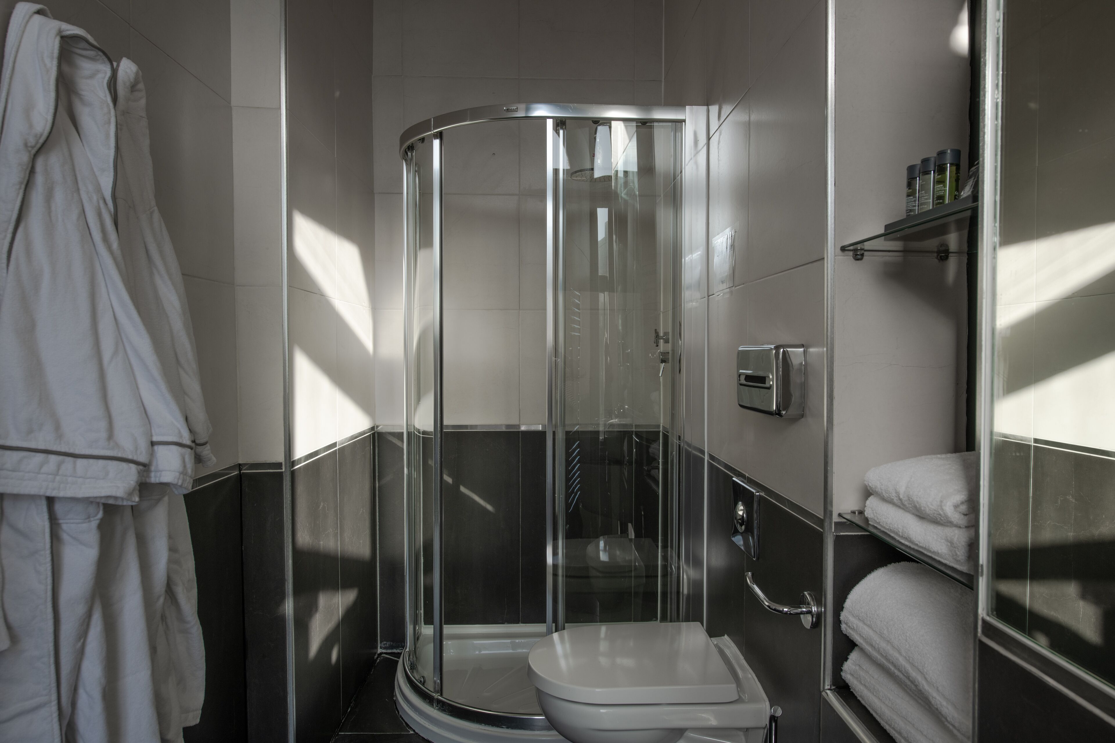 hair dryer, bathrobes, towels, soap