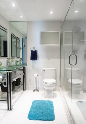 Dusche, Haartrockner, Handtücher, Toilettenpapier