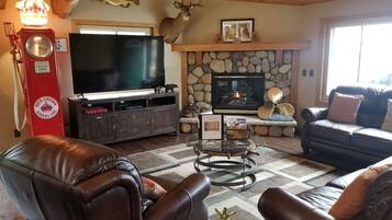 Smart TV, fireplace, books