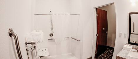A modern bathroom with a walk-in shower, grab bars, a sink, and a mirror.