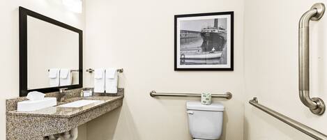 Une salle de bain avec un lavabo surmonté d’un plan de travail en granit, des toilettes blanches, un tableau encadré au mur et une barre d’appui.