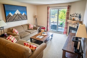 Smart TV, fireplace, DVD player, books