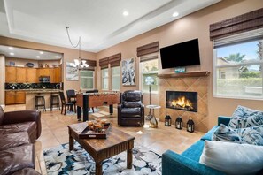 TV, fireplace, foosball, stereo