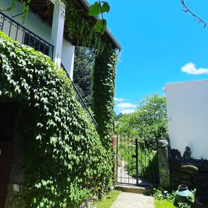 Un étroit sentier mène à une entrée fermée par un portail, entourée d’une végétation luxuriante et bordée d’un bâtiment blanc doté d’un mur en pierre et orné d’une sculpture d’oiseau.