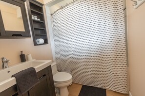 Combined shower/tub, hair dryer, towels, soap