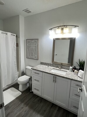 Combined shower/bathtub, hair dryer, towels, soap