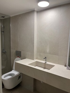 Shower, hair dryer, towels