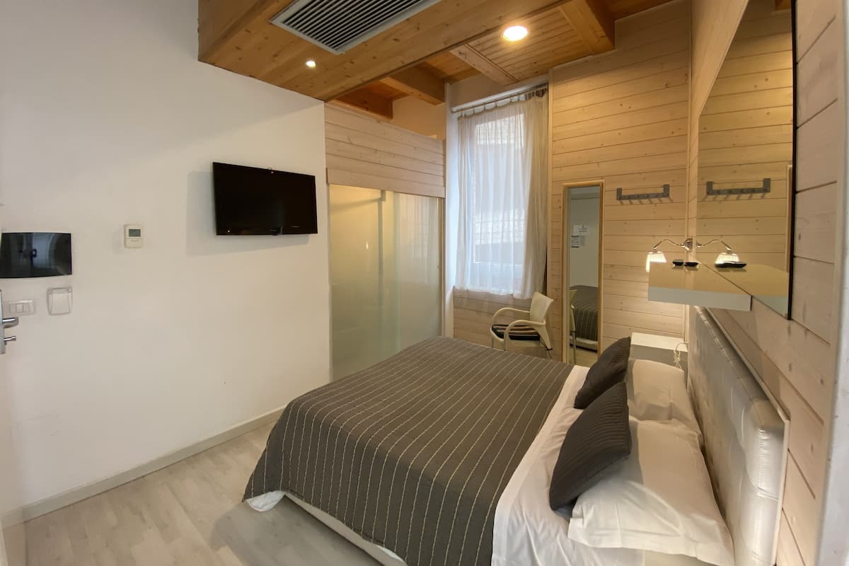 A bedroom with a bed, a TV, a mirror, and a window with curtains.