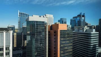 A cityscape with modern high-rise buildings, including a distinctive curved glass building and a tall rectangular structure.
