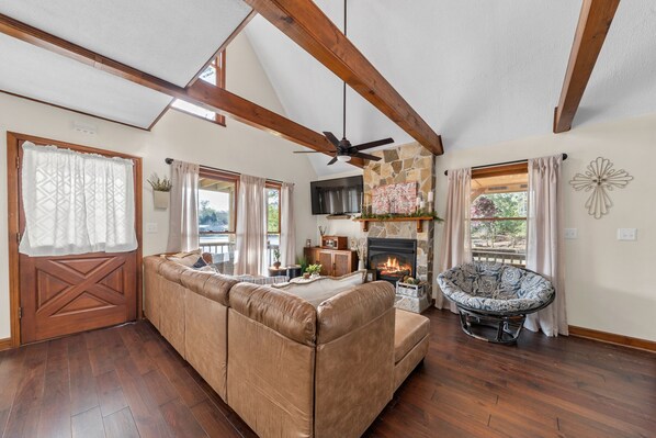 TV, fireplace, books, offices