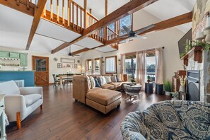 TV, fireplace, books, offices