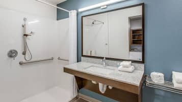 Queen Suite Accessible Roll-in Shower | Bathroom | Hair dryer, towels