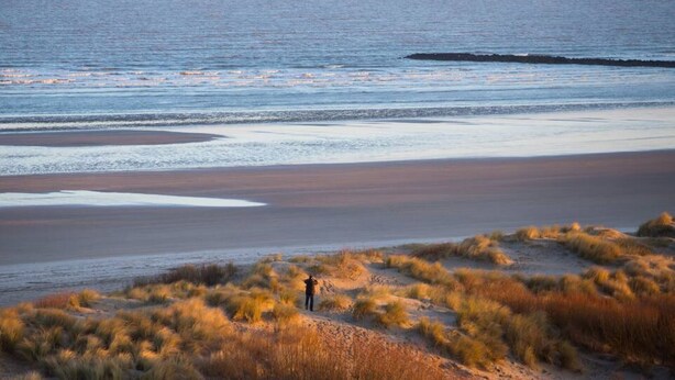 Een strand met een persoon op een duin, een schip in de verte en een rustige zee.