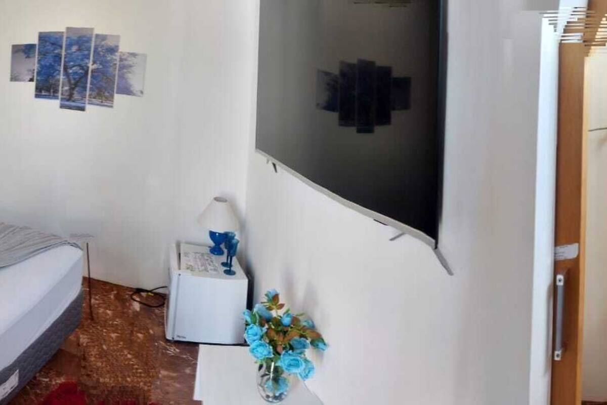 Un dormitorio con una cama, una mesita de noche con lámpara, un televisor montado en la pared y una pequeña planta.