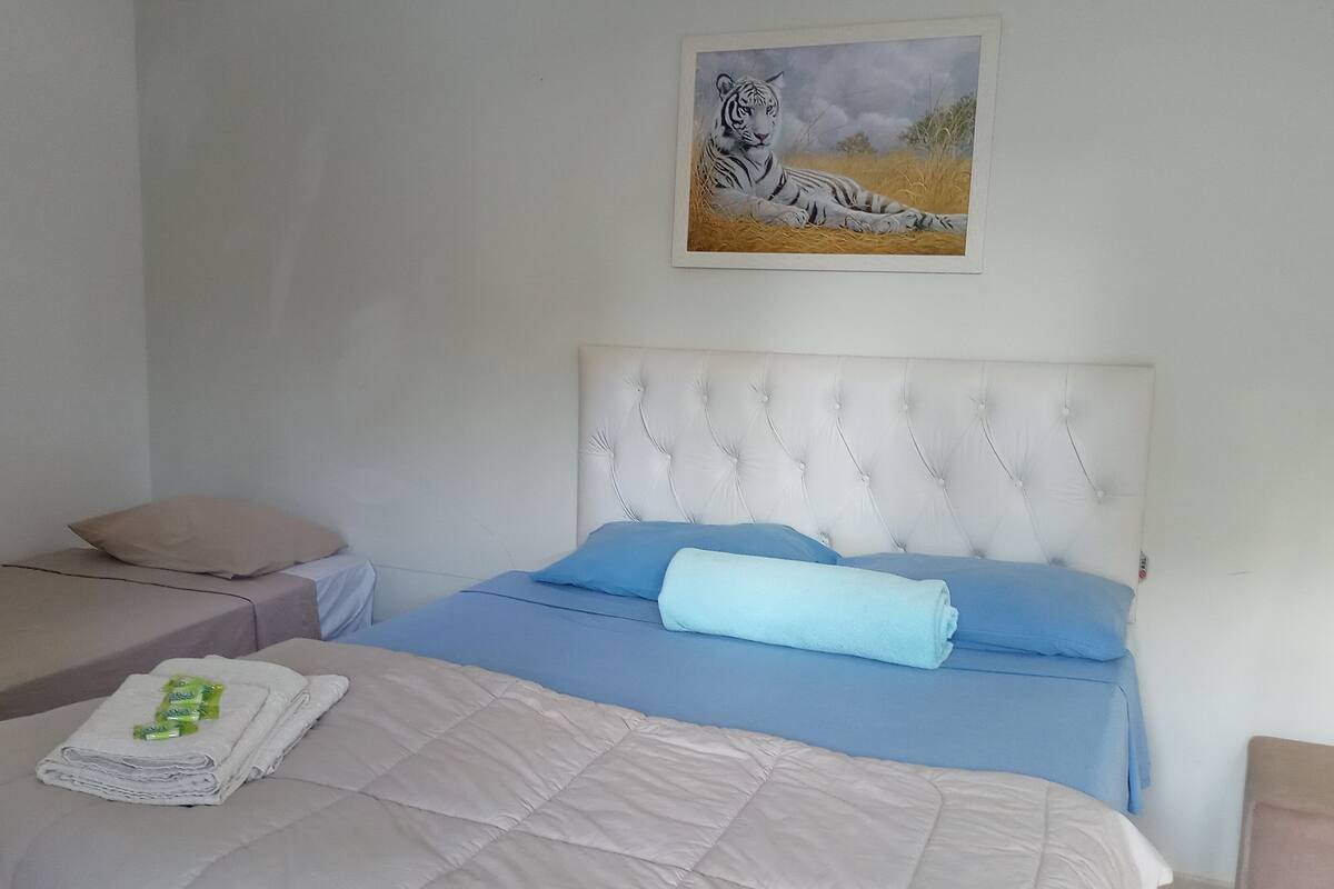 Un dormitorio con una cama, una cama más pequeña y un cuadro de un tigre en la pared.