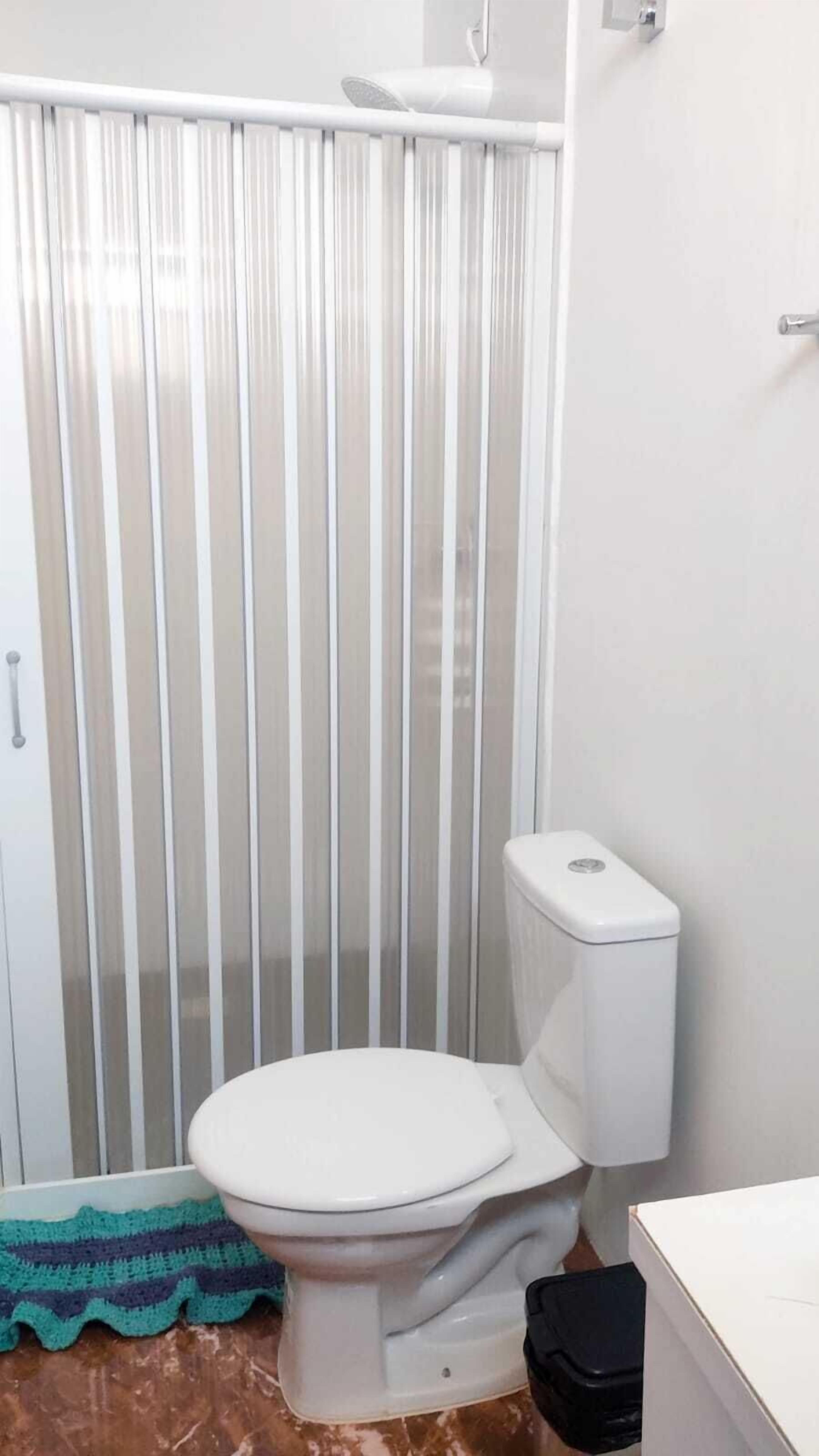Une salle de bain avec des toilettes, un rideau de douche et une serviette sur le sol.