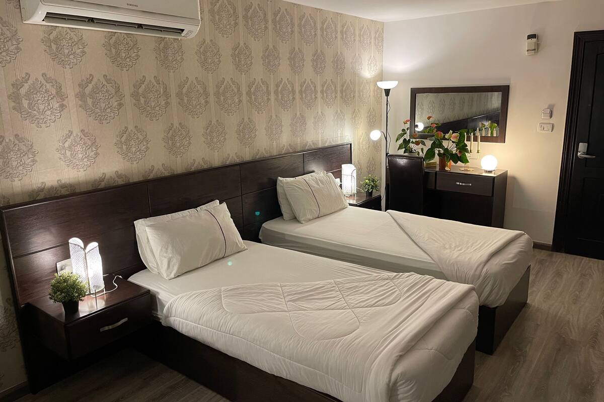 Une chambre d’hôtel avec deux lits simples, une table de chevet avec une lampe, un climatiseur, un miroir et une petite plante.